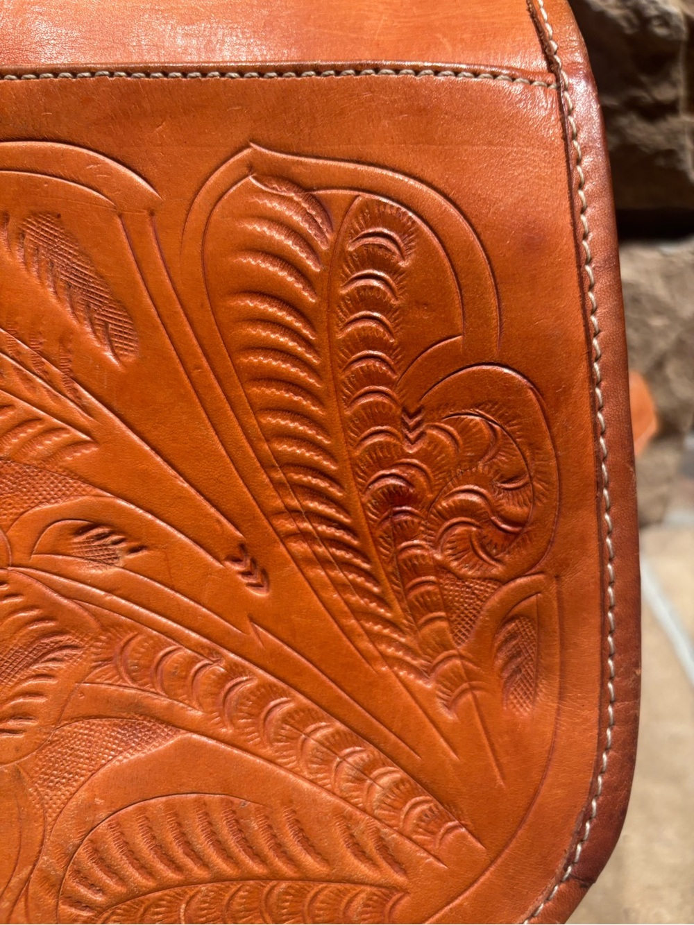 Sereno Vintage Tooled Leather Crossbody Bag in Caramel with Floral Design - Picture 6 of 13